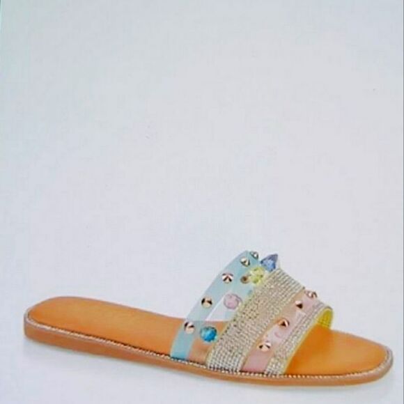 BRAND NEW ROUGE  STUDDED RHINESTONES EMBELLISHMENTS SLIDE SANDAL - Picture 14 of 14